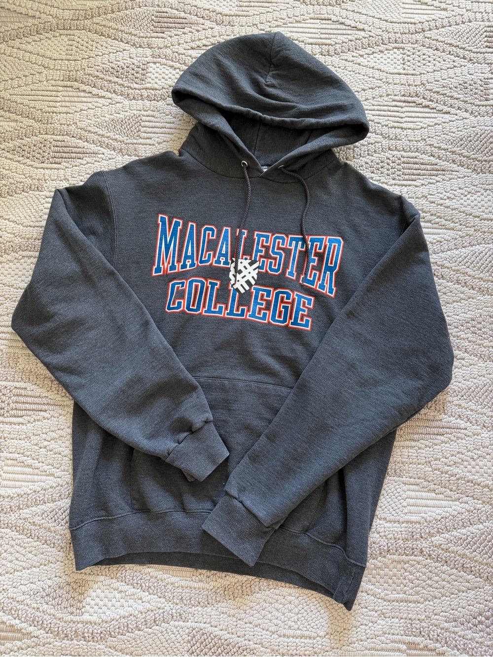 Champion Charcoal Macalester College Hoodie with Red & Blue Lettering